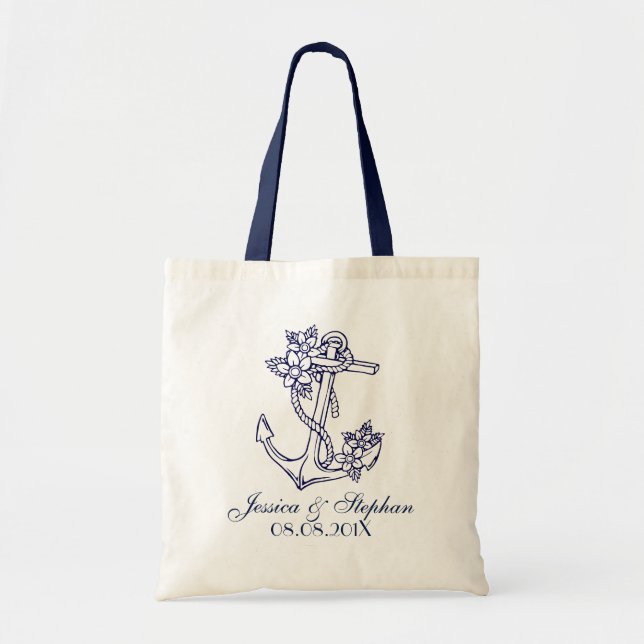 Navy Blue Floral Nautical Anchor Tote Bag (Front)