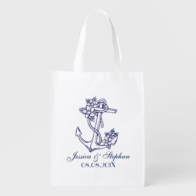 Navy Blue Floral Nautical Anchor Tote Bag (Front)