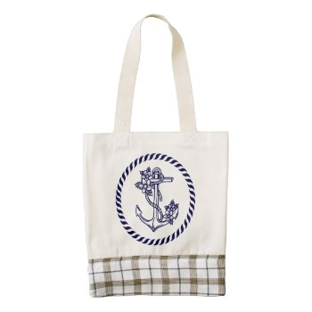 Navy Blue Floral Nautical Anchor & Wreath Zazzle Heart Tote Bag by artOnWear at Zazzle