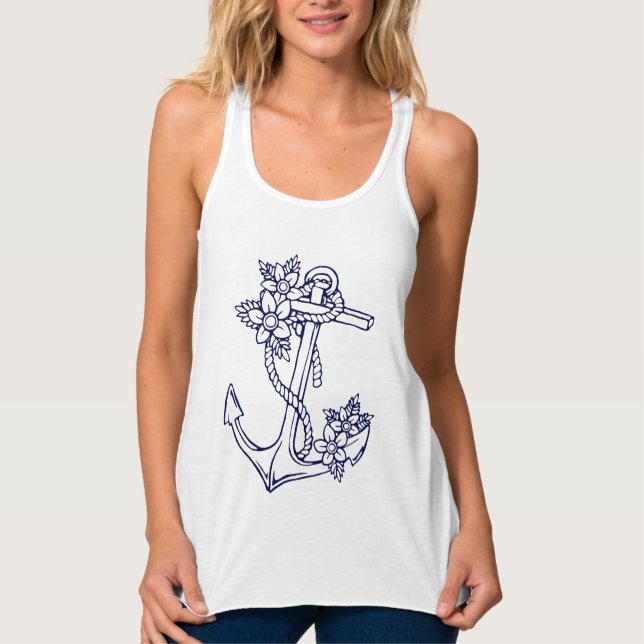 Navy Blue Floral Nautical Boat Anchor Tank Top (Front)