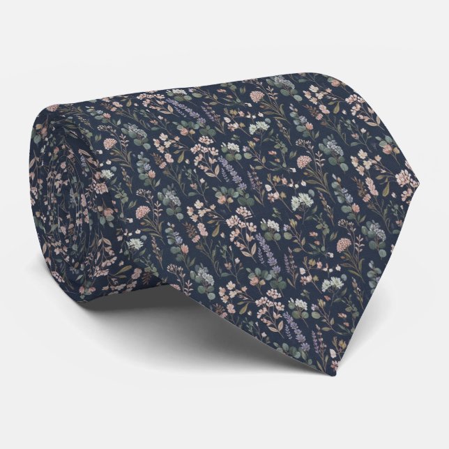 Navy Blue Floral  Neck Tie (Rolled)