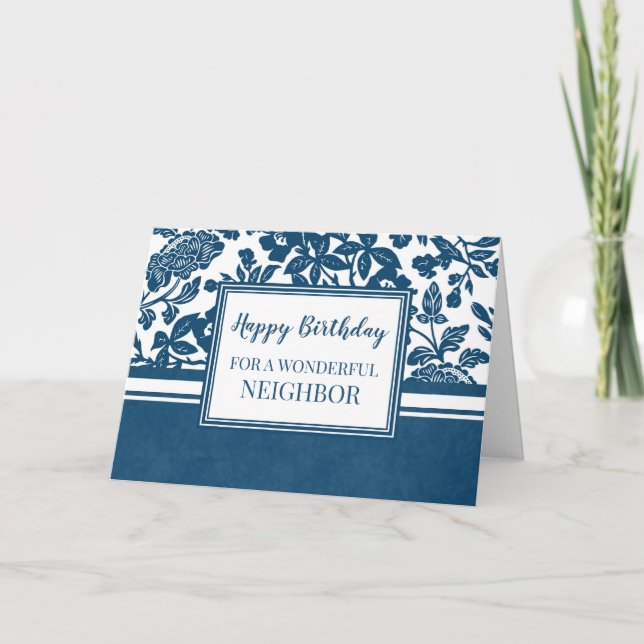 Navy Blue Floral Neighbor Birthday Card (Front)