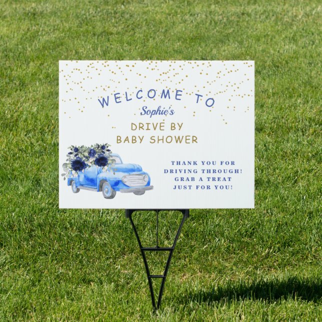 Navy Blue Floral Old Car Boy Baby Shower Drive By Sign (Insitu)