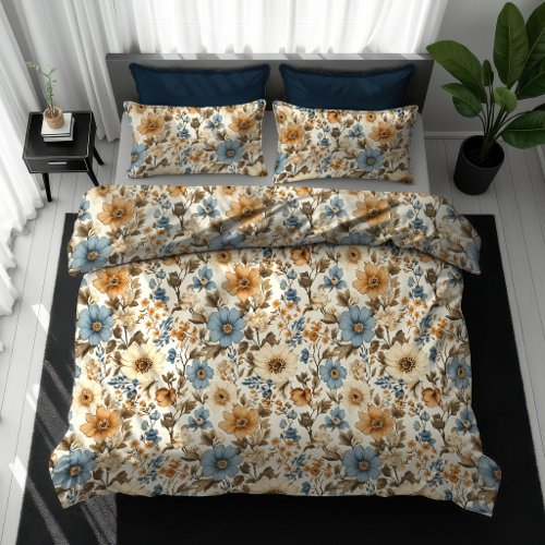 Navy Blue Floral Opulent Boho Terracotta Accent Duvet Cover