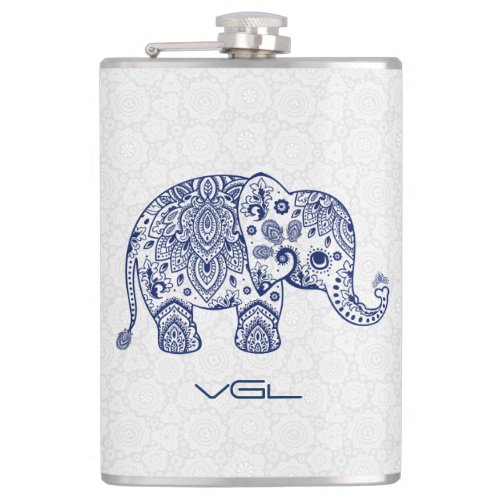 navy Blue Floral Paisley Elephant Illustration Hip Flask