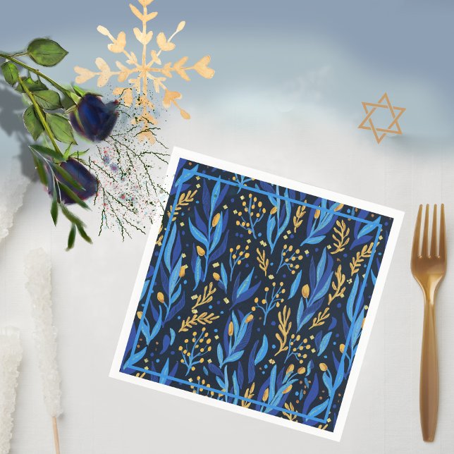 Navy Blue Floral Pattern Happy Hanukkah Napkins (Navy Blue Floral Pattern Happy Hanukkah Napkins)