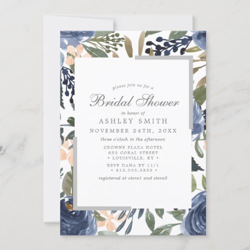 Bridal Shower Invitations 15 Navy Blue Floral Pattern Watercolor Bridal Shower Invitation