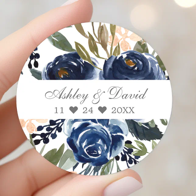 Navy Blue Floral Pattern Watercolor Wedding Classic Round Sticker | Zazzle
