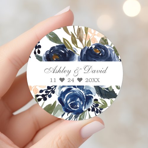 Navy Blue Floral Pattern Watercolor Wedding Classic Round Sticker