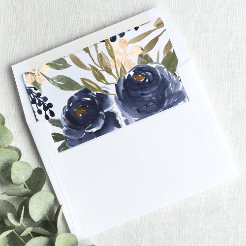 Navy Blue Floral Pattern Watercolor Wedding Envelope Liner