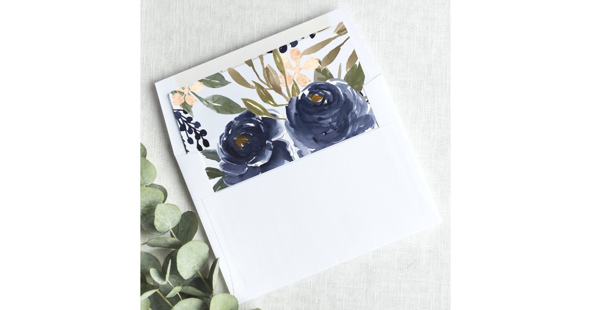 Navy Blue Floral Pattern Watercolor Wedding Envelope Liner | Zazzle