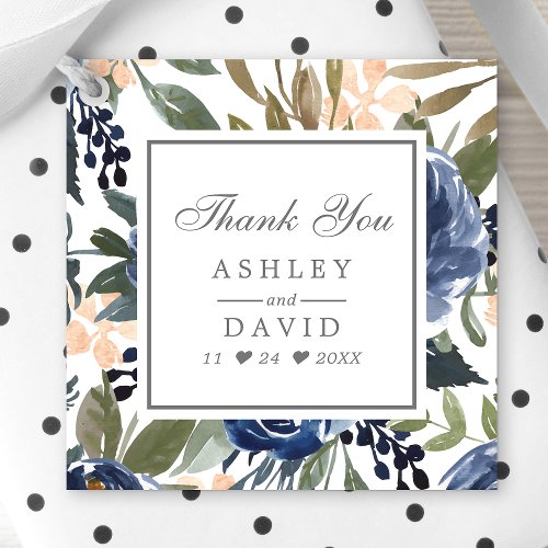 Navy Blue Floral Pattern Watercolor Wedding Favor Tags