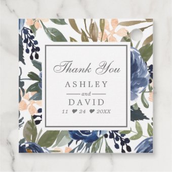 Navy Blue Floral Pattern Watercolor Wedding Favor Tags | Zazzle