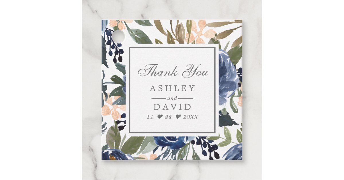 Navy Blue Floral Pattern Watercolor Wedding Favor Tags | Zazzle