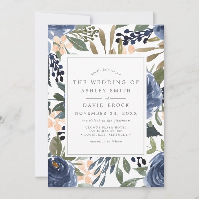 Navy Blue Floral Pattern Watercolor Wedding Invitation (Front)