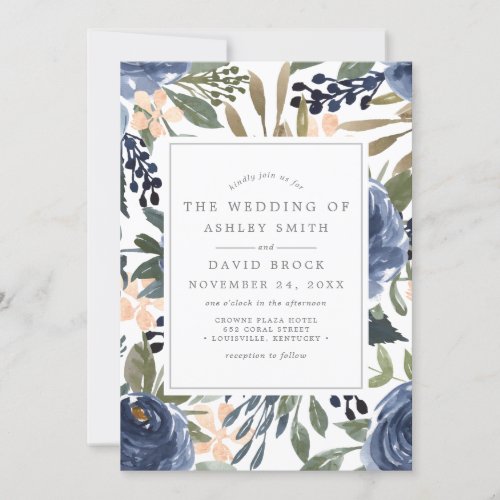 Wedding Invitations 16 Navy Blue Floral Pattern Watercolor Wedding Invitation