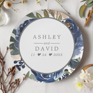 Navy Blue Floral Pattern Watercolor Wedding Paper Plates
