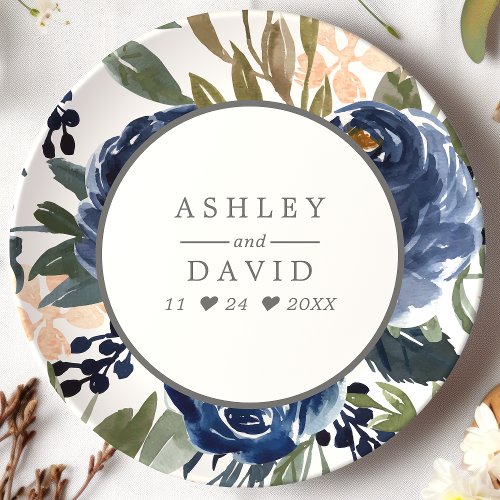 Navy Blue Floral Pattern Watercolor Wedding Paper Plates