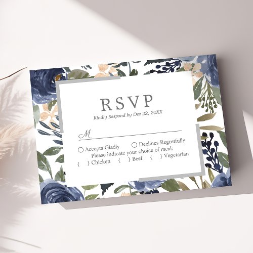 Navy Blue Floral Pattern Watercolor Wedding RSVP Card