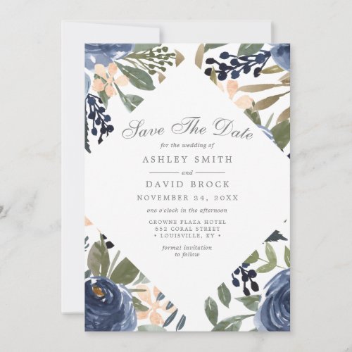Navy Blue Floral Pattern Watercolor Wedding Save The Date