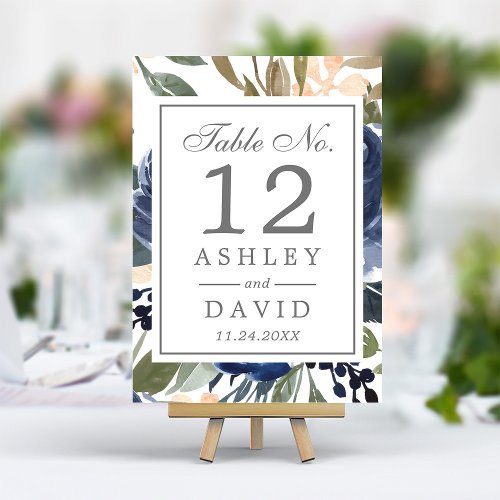 Navy Blue Floral Pattern Watercolor Wedding Table Number