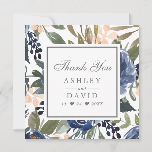 Navy Blue Floral Pattern Watercolor Wedding Thank You Card