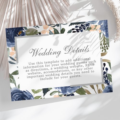 Navy Blue Floral Pattern Wedding Details Enclosure Card