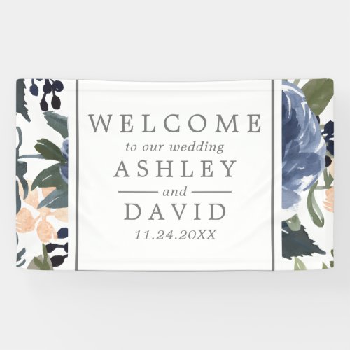 Navy Blue Floral Pattern Wedding Welcome Banner