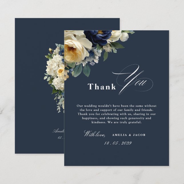 Navy Blue Floral & Peonies Wedding Thank You Invitation (Front/Back)