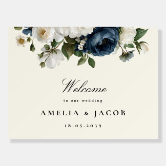 Navy Blue Floral Peony Wedding Welcome Signs