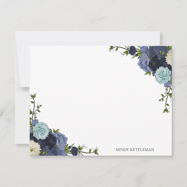 Navy Blue Floral Personalize and Monogram Note Card (Front)