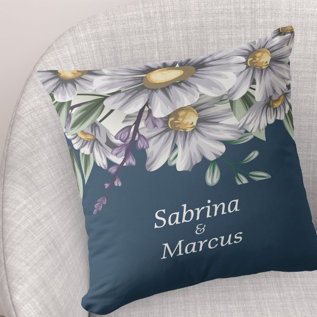Navy Blue Floral Personalized Wedding  Throw Pillow (Creator Uploaded)