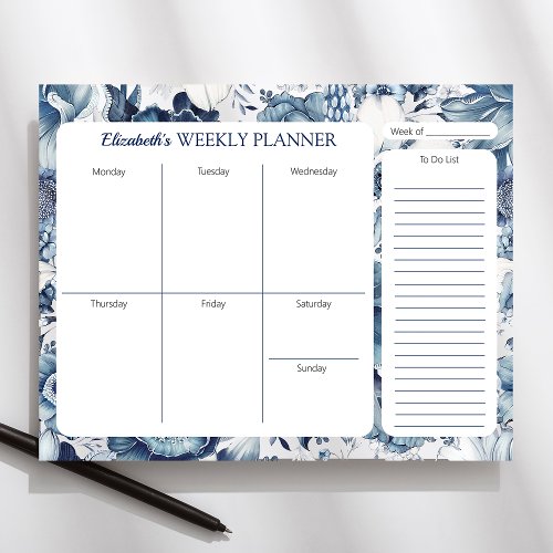 Navy Blue Floral Personalized Weekly Planner Pad