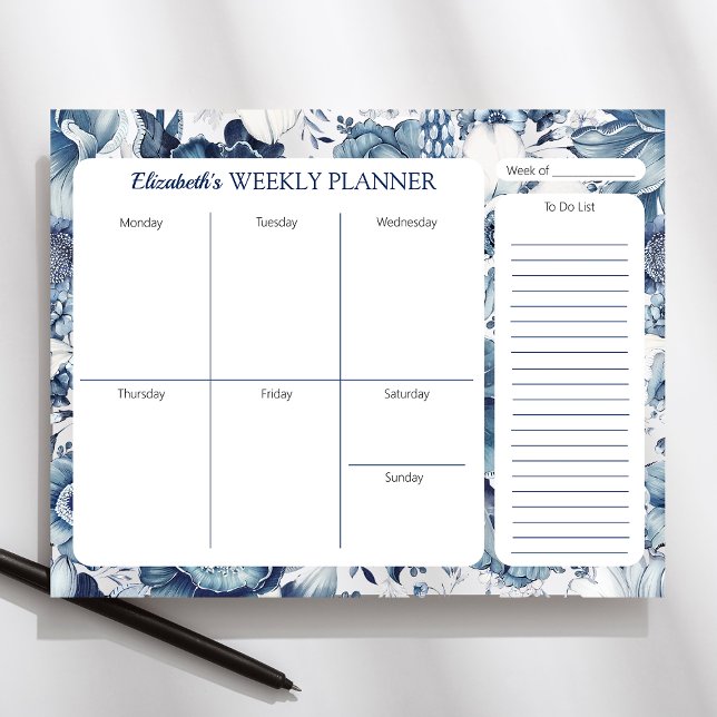 Navy Blue Floral Personalized Weekly Planner Pad (Creator Uploaded)