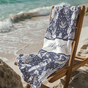 Navy Blue Floral Personalized William Morris Style Beach Towel