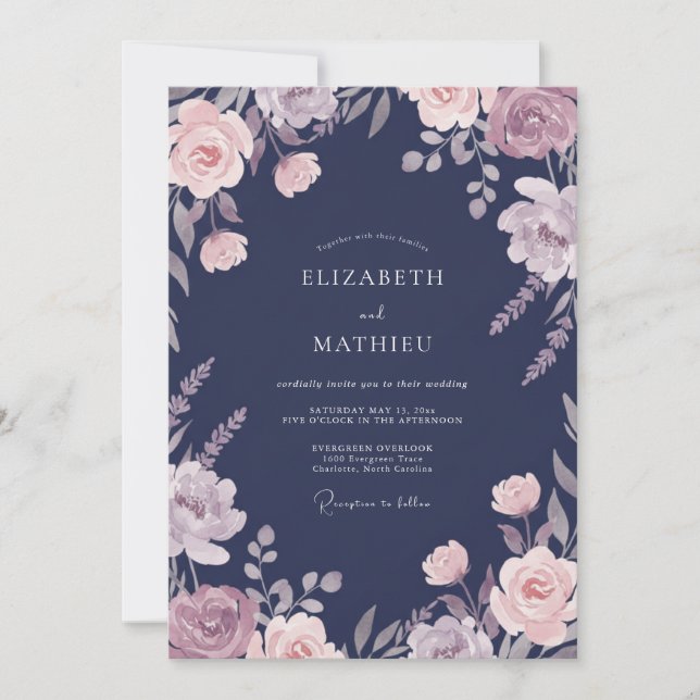 Navy Blue Floral Petal Wedding Invitation (Front)