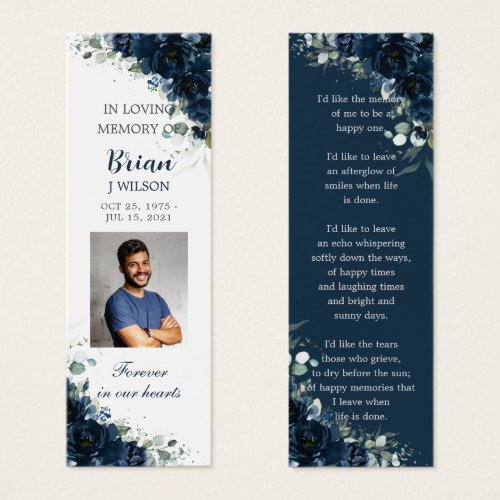 Navy Blue Floral Photo Funeral Memorial Bookmark