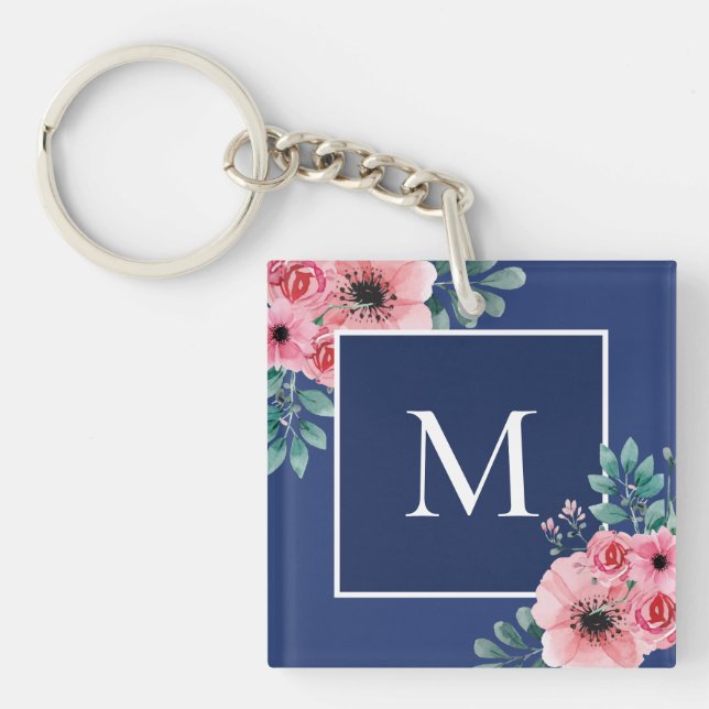 Navy Blue | Floral Photo Monogram Key Ring (Front)
