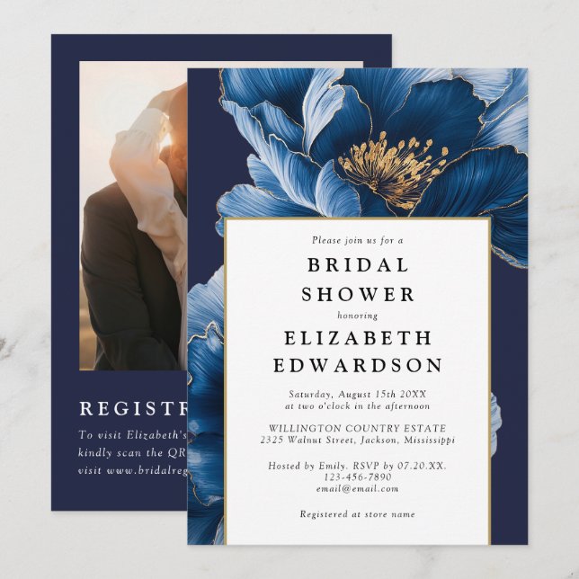 Navy Blue Floral Photo QR Code Bridal Shower Invitation (Front/Back)