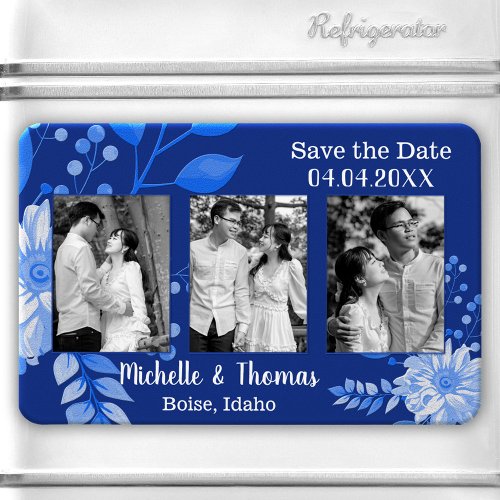 Navy Blue Floral Photo Save the Date Magnet