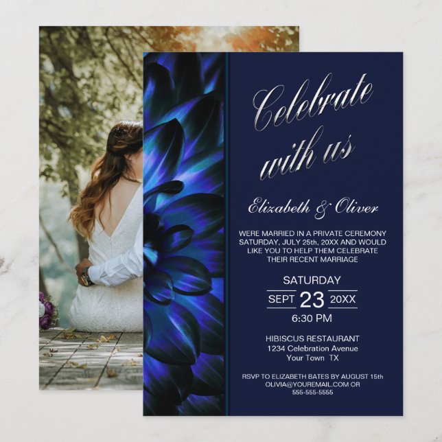 Navy Blue Floral Photo Wedding Reception Invitation (Front/Back)