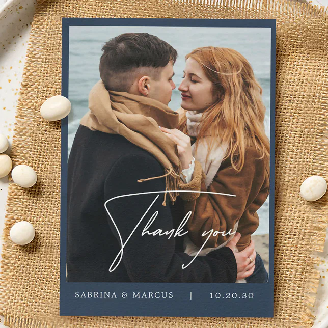 Navy Blue Floral Photo Wedding Thank You Card | Zazzle