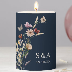 Navy Blue Floral Pillar Candle