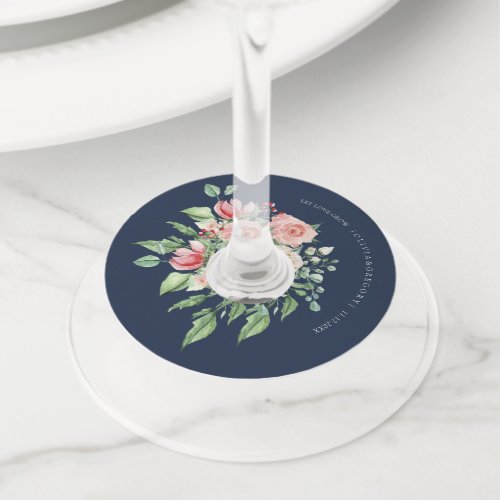 Navy Blue Floral Pink Wedding Wine Glass Tag