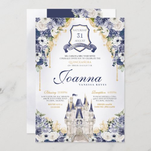 Navy Blue Floral Princess Castle Royal Quince Invitation