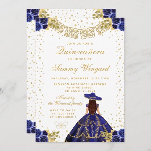 Navy Blue Floral Princess Charro Quinceaera Invitation