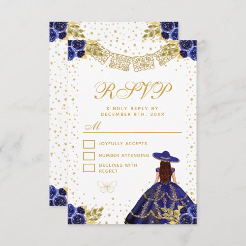Navy Blue Floral Princess Charro Quinceaera RSVP Card