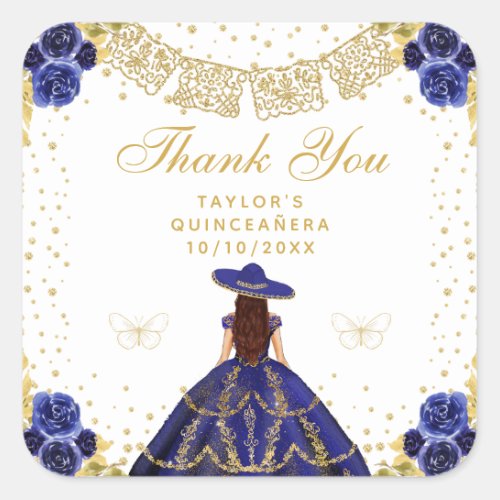 Navy Blue Floral Princess Charro Quinceaera Square Sticker