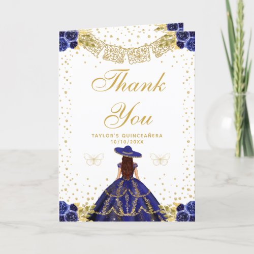 Navy Blue Floral Princess Charro Quinceaera Thank You Card