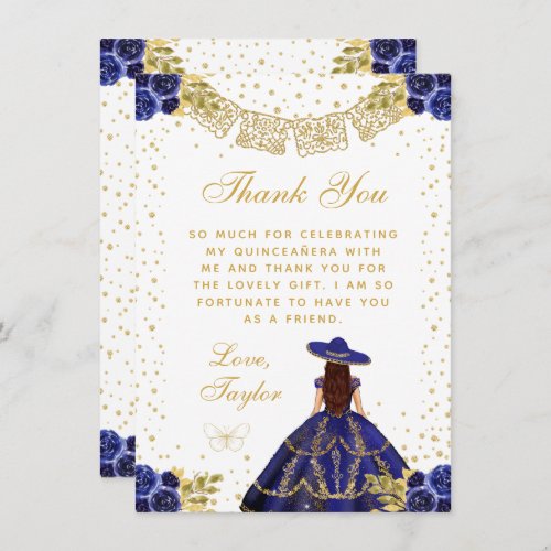 Navy Blue Floral Princess Charro Quinceaera Thank You Card